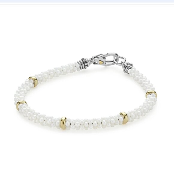 White Caviar Five Gold Station Ceramic Bracelet | 5mm from Lagos Size M(7) - Picture 2 of 11